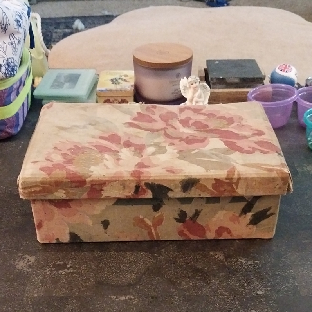 Antique Or Vintage Floral Decorative Storage Box in Pink and Green